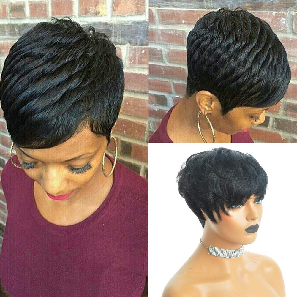 Short Black Wig Human Hair Everyday Wear Natural Hairstyle With Bangs USA