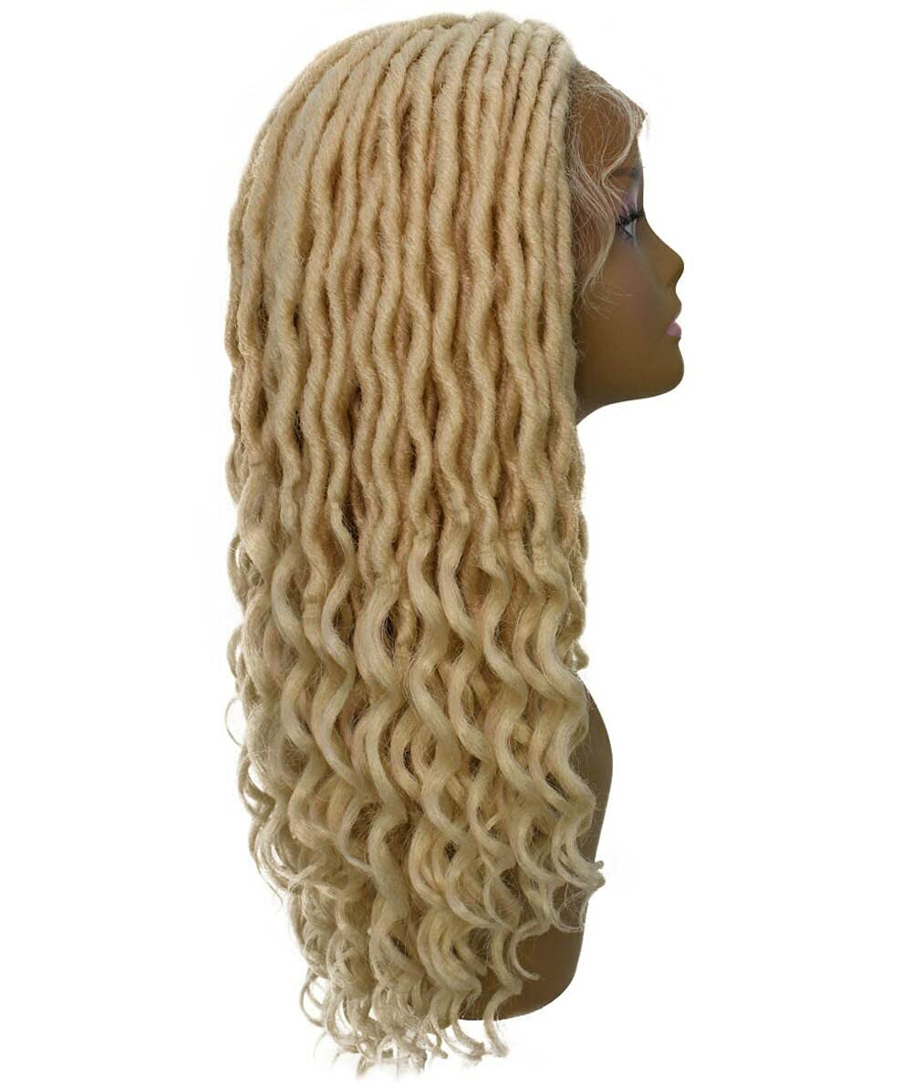 LUXLUXE Andrea 4×4 Curly Long 4X4 Hand Tied Lace Braid Light Blonde Wig