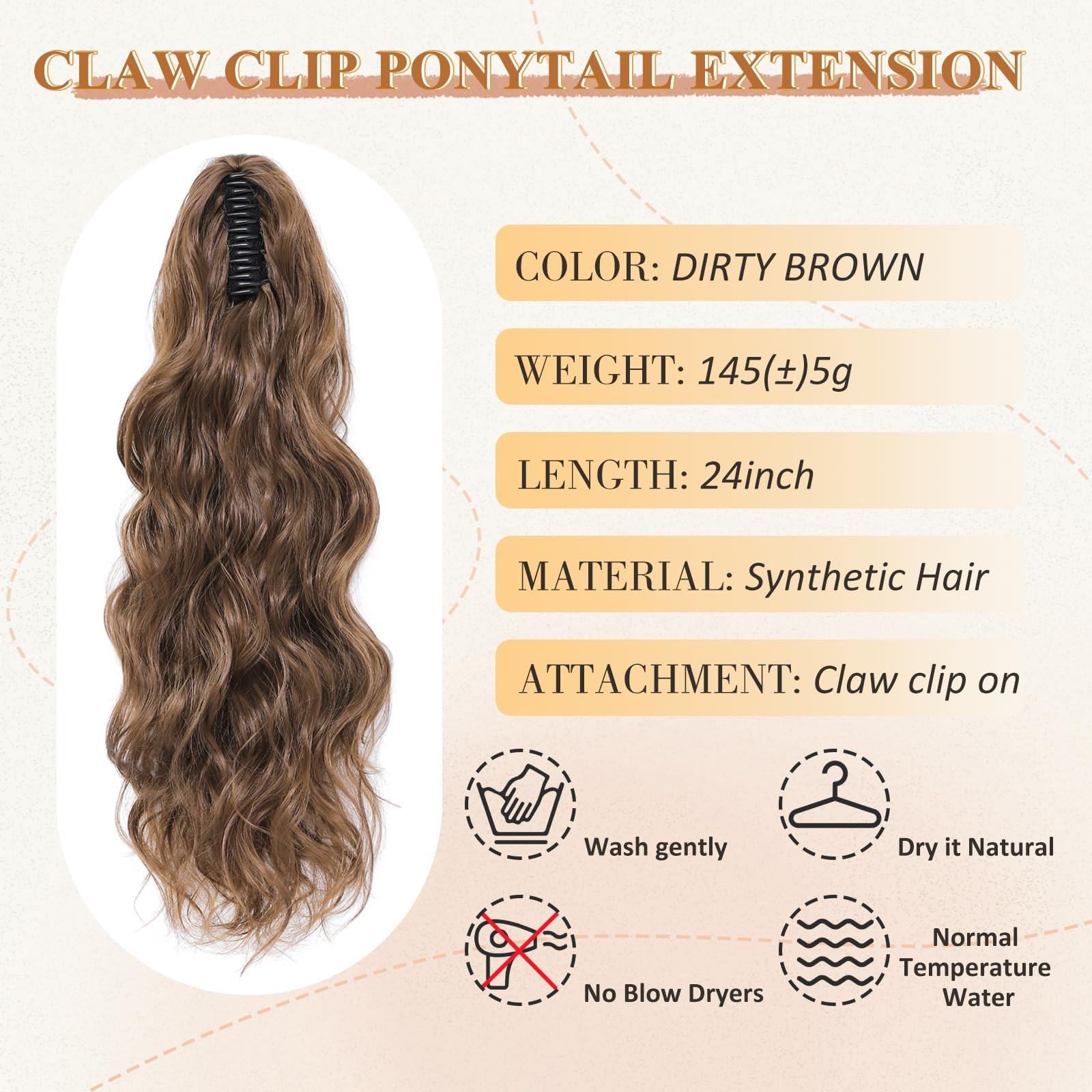 MORICA Ponytail Claw Clip Hair Extension 24″ Long 24 Inch, 8A# Dirty Brown