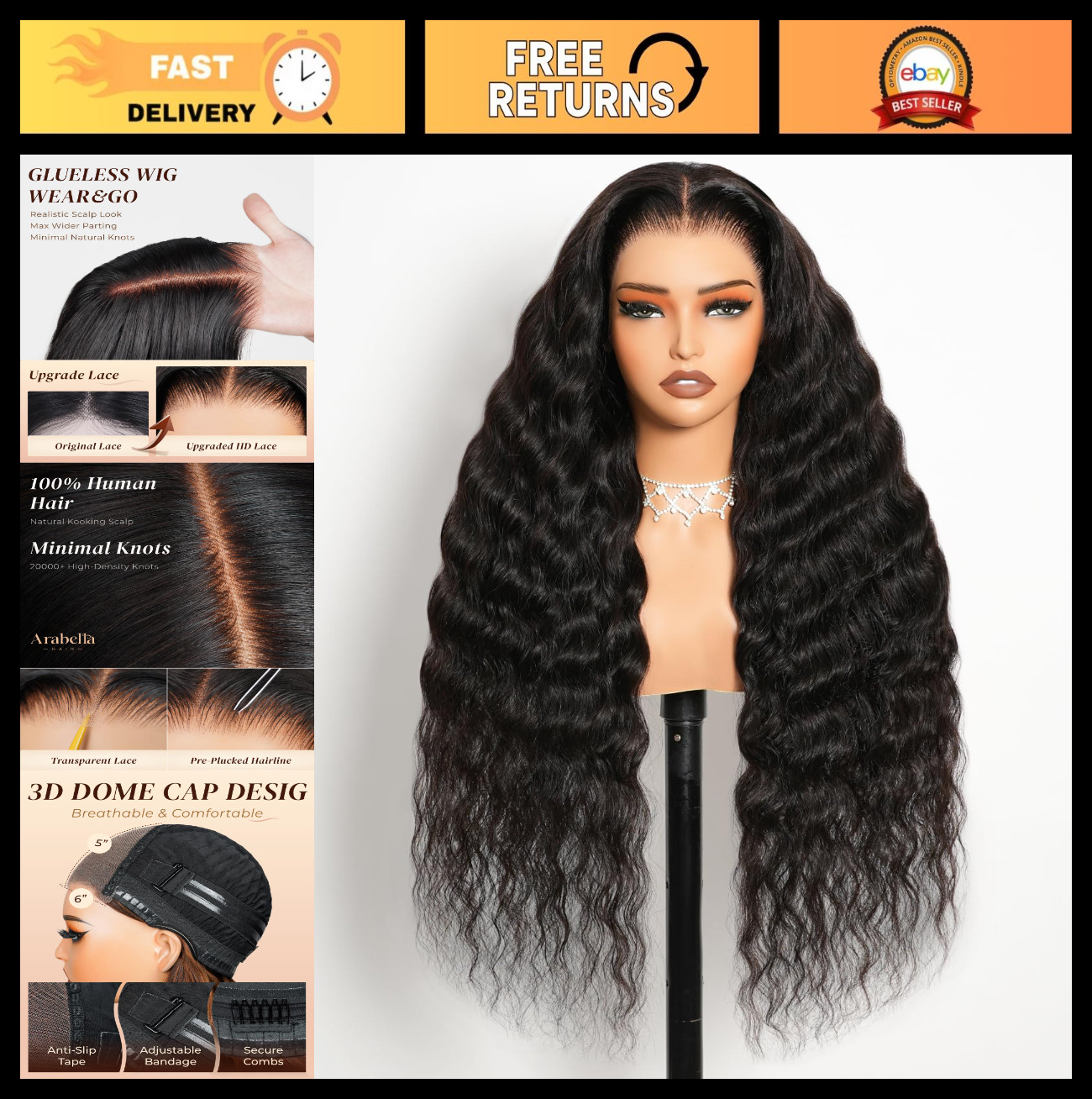 30″ Curly Wave Lace Front Wig – 230% Density, Pre-Plucked, HD Lace Closure for B