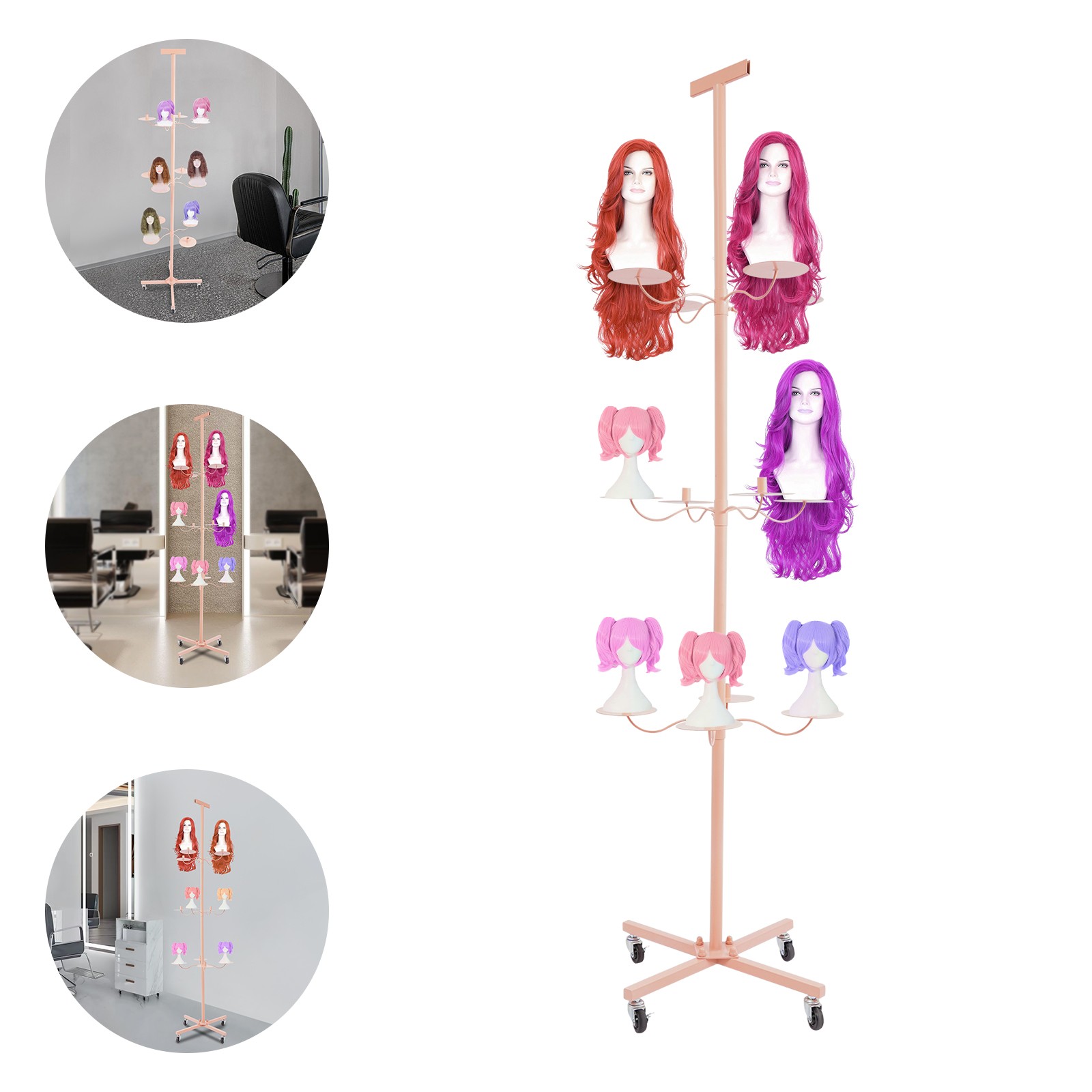 Pink 12-Head Heavy Duty Wig Stand Organizer | Metal Tripod Rack | Salon Display