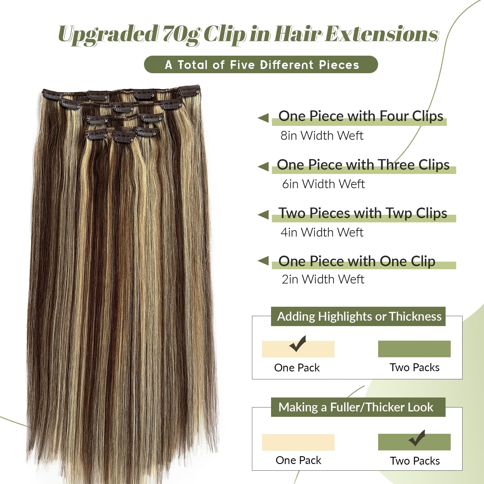 Remy Clip in Hair Extensions Brown Blonde Highlights 22 Inch Human Hair 5pcs Dou
