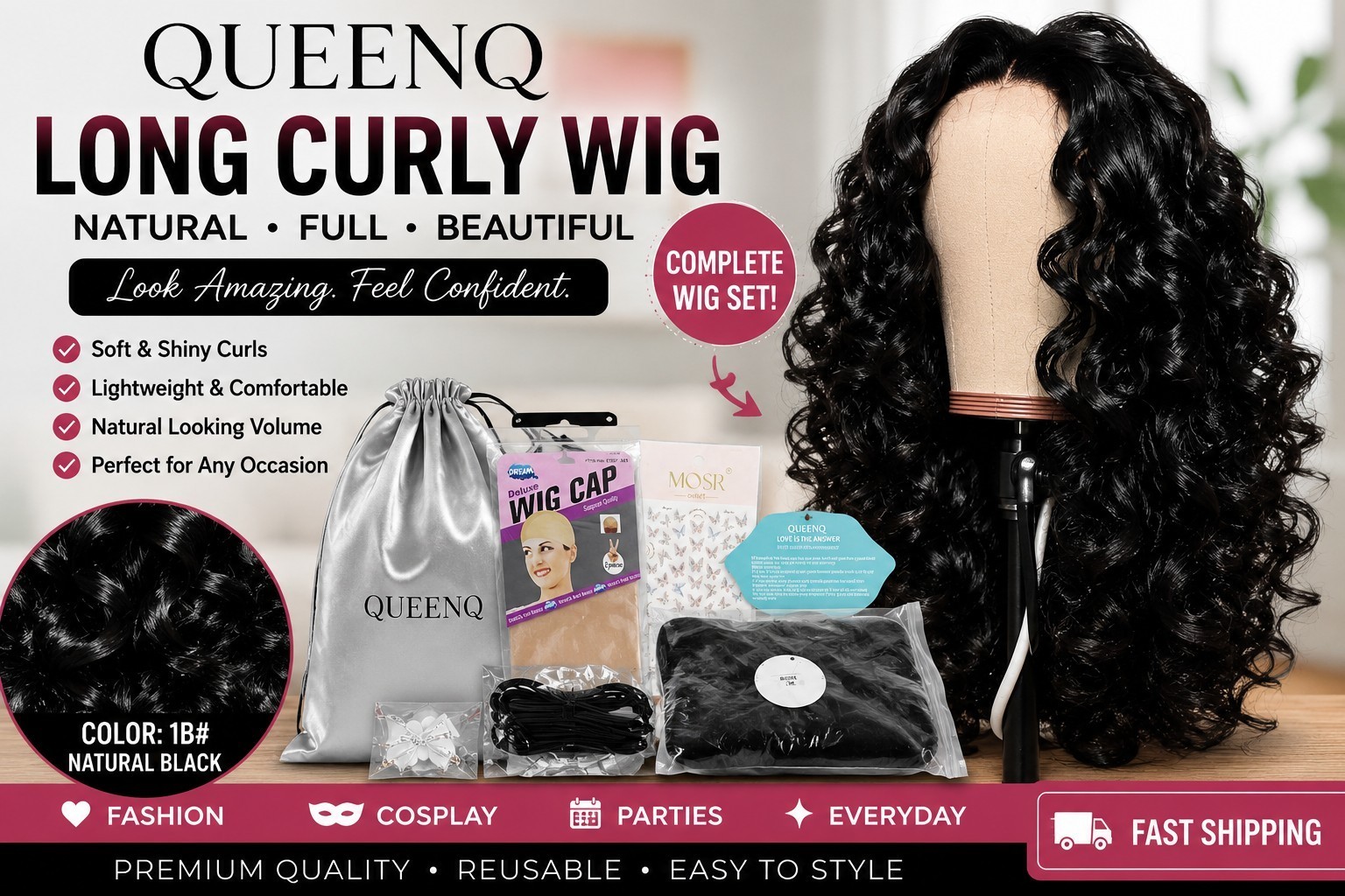 QUEENQ 8050A 1B# Long Curly Black Synthetic Wig w Wig Cap Accessories