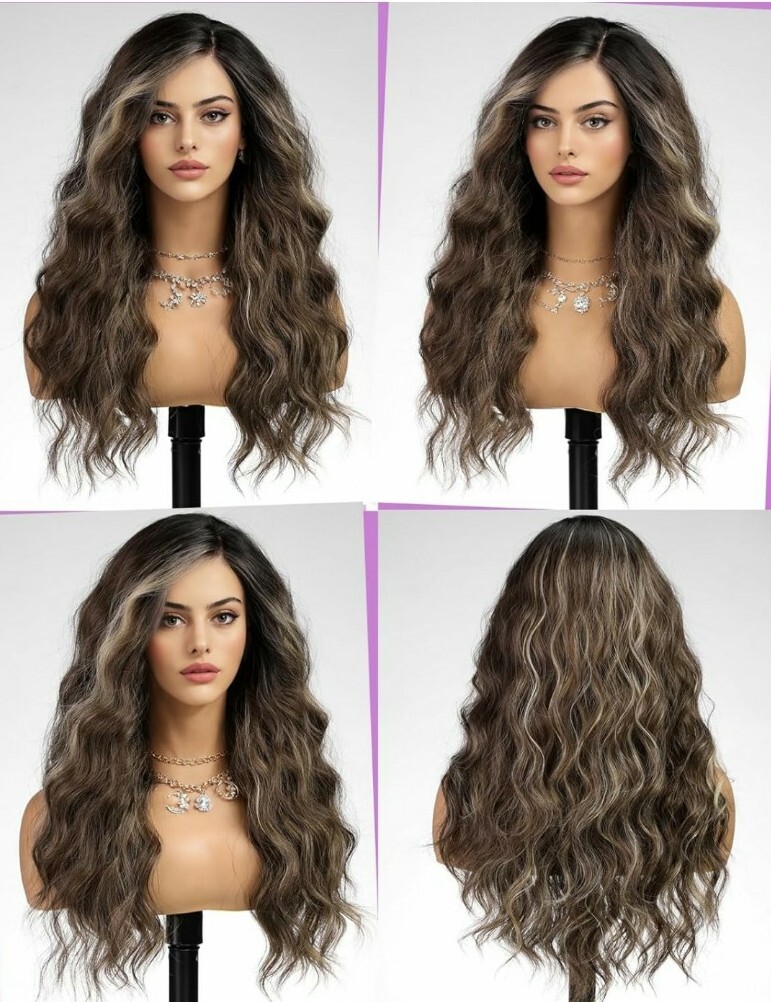 HD Lace Front Wig Natural Light Medium Brown Ombre Wavy Heat Resistant 24 In