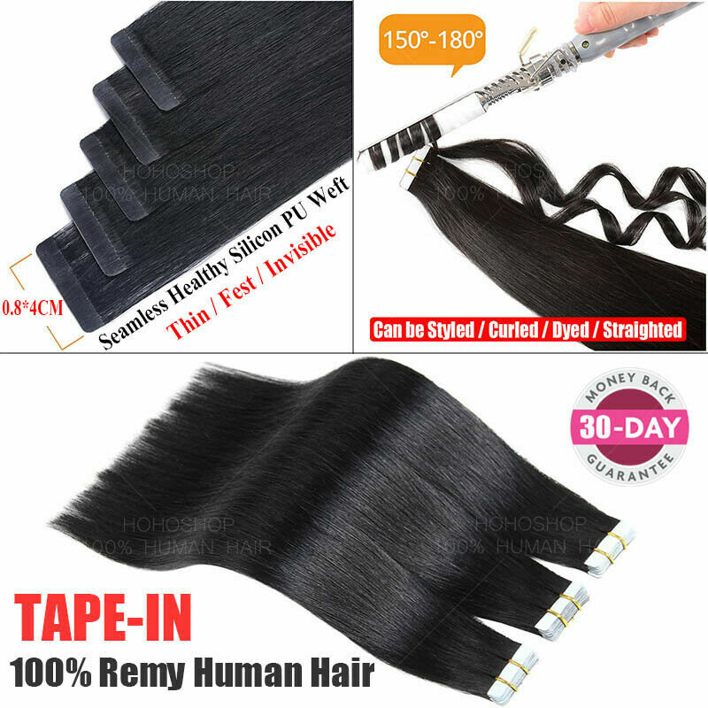 FULL HEAD THICK Tape In Remy Human Hair Extensions Skin Weft 150g 60pcs Black