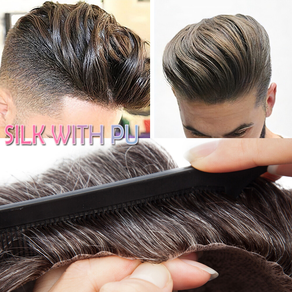All Forehead Hairline Silk PU Mens Toupee Hairpiece 100% Human Hair Replacement