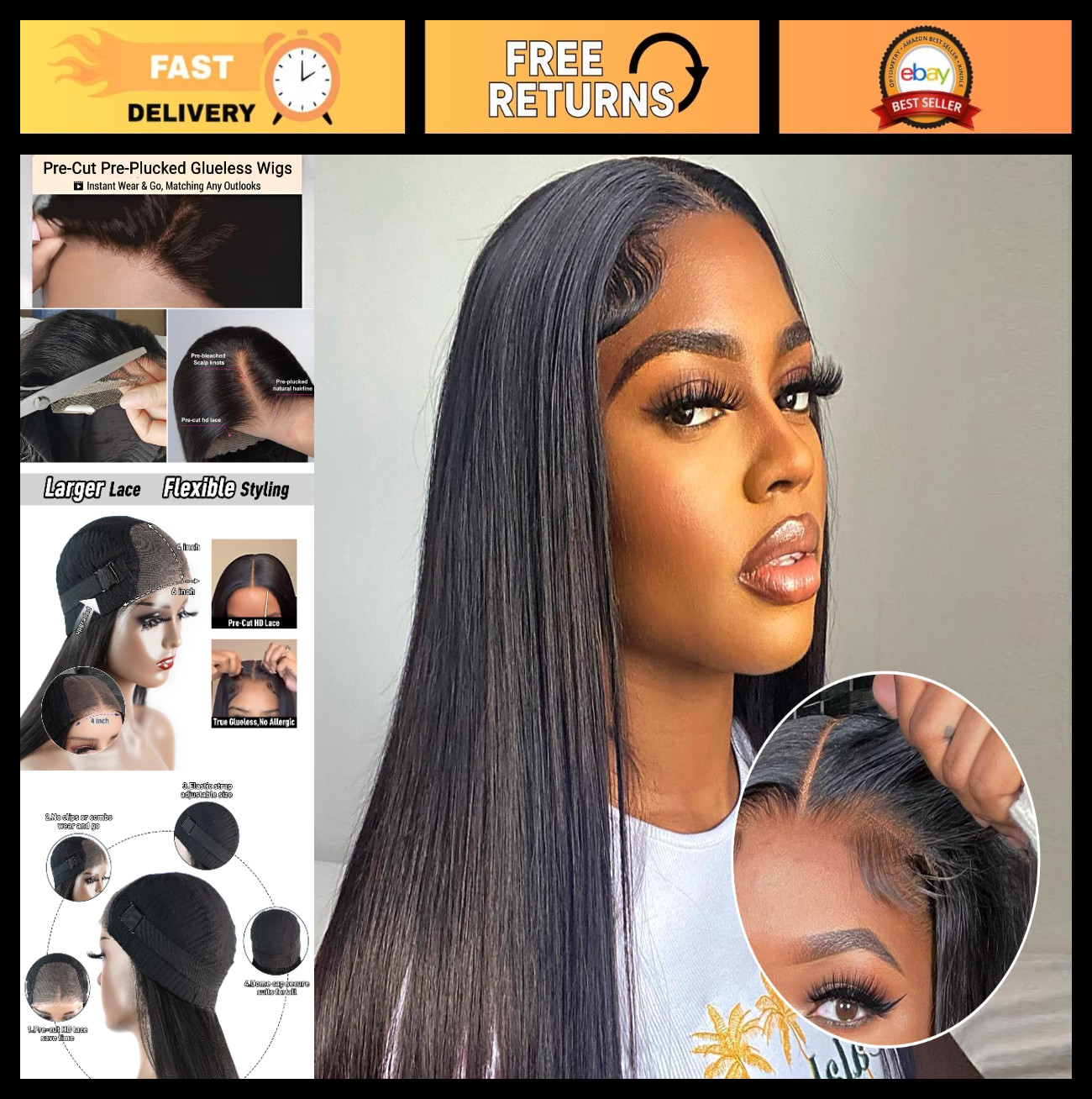 24 Inch Glueless Human Hair Wig – Straight, 200% Density, HD Lace Front, Pre-Plu