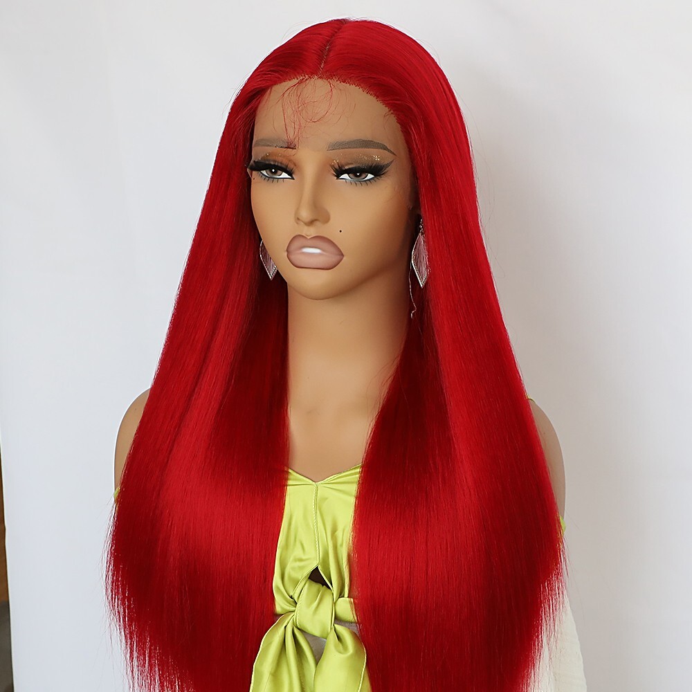 Red Synthetic Hair Lace Front Wigs Long Straight Fashion Women Heat Resistant