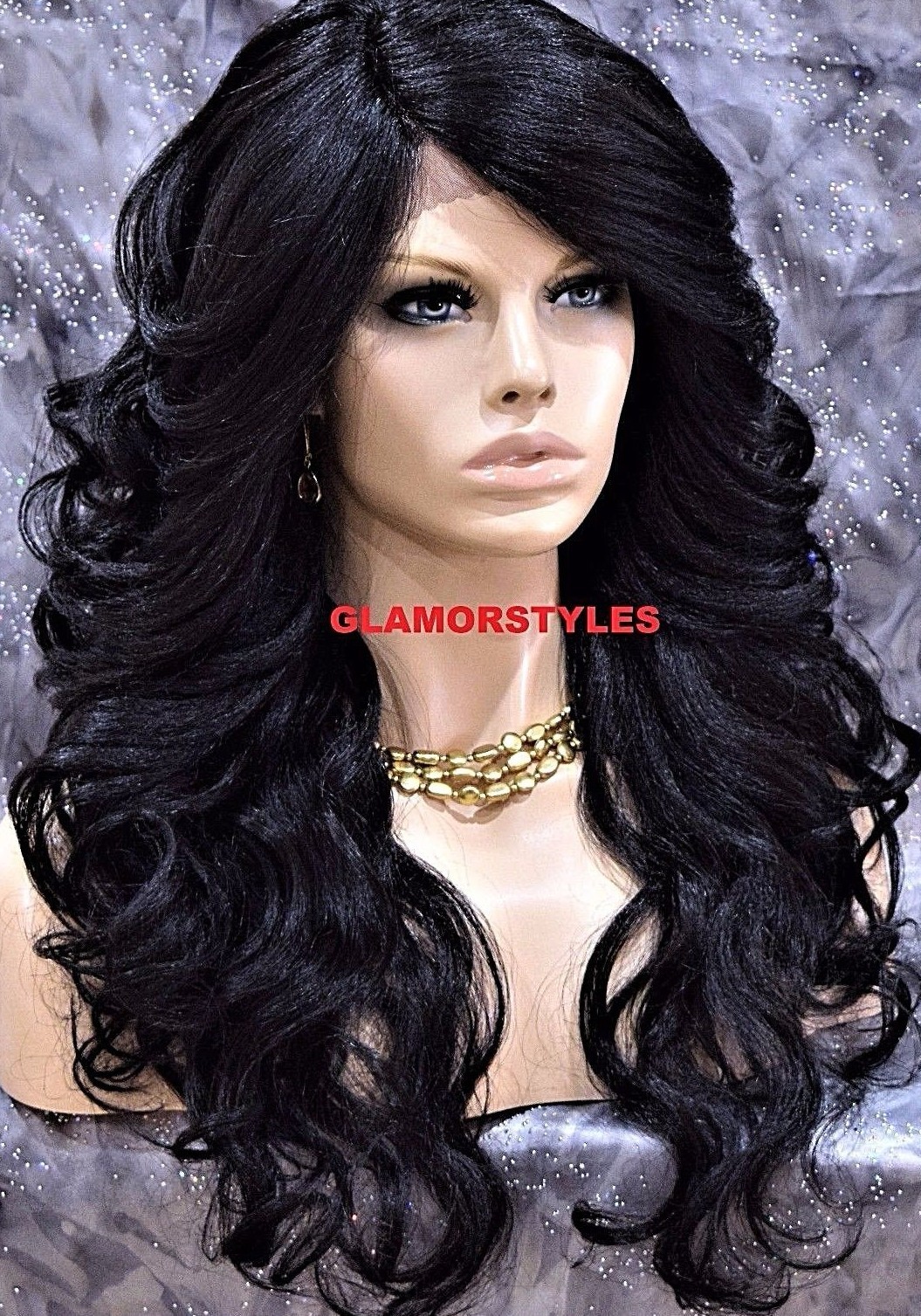 LACE FRONT FULL WIG LONG WAVY LAYERED SIDE PART JET BLACK #1 HEAT OK NWT