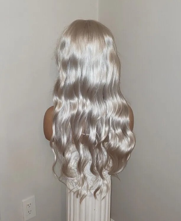 Princess Platinum Wig – Long Wavy Silver Blonde Human Hair Synthetic Hair Blend