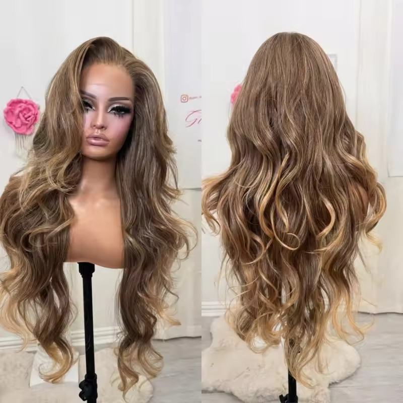 Ombre Caramel Brown Highlights Lace Front 100% Human Hair Wigs 200% Density