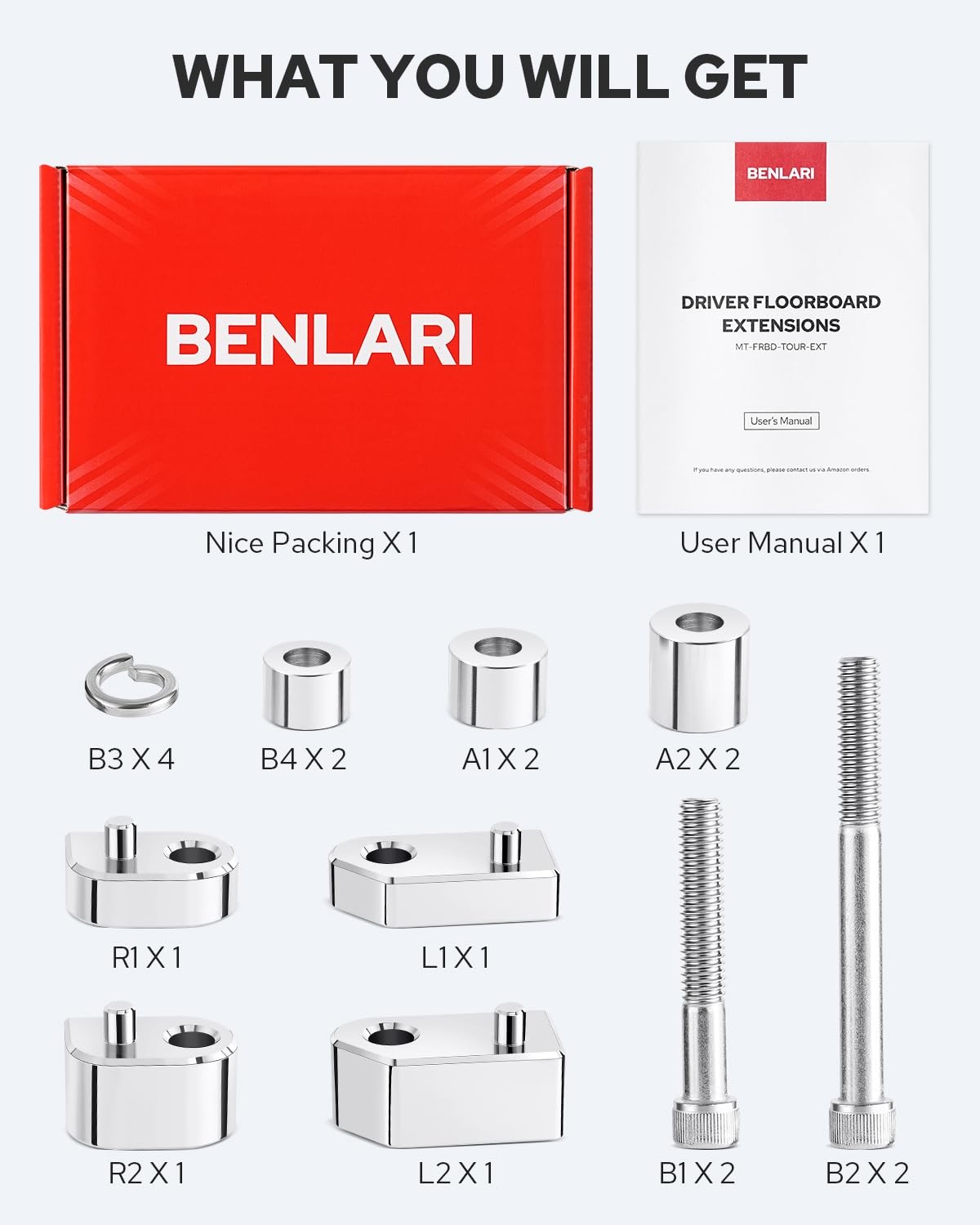 Benlari 0.75inch &1.25inch Driver Floorboard Extensions, Chrome