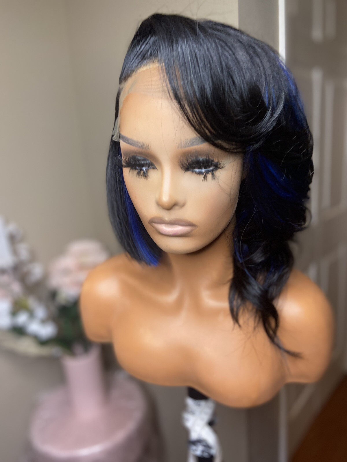 Closure Bob Wig ￼￼asymmetrical | Closure Bob Wig| Black And Blue Bob| Human Hair
