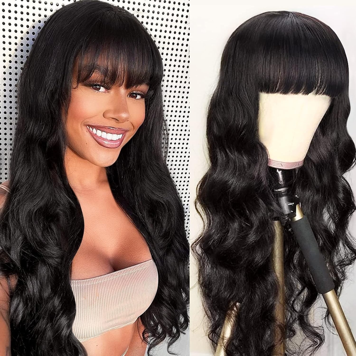 Brazilian Body Wave Virgin Human Hair Wig With Bangs Scalp Top Machine Made Wigs
