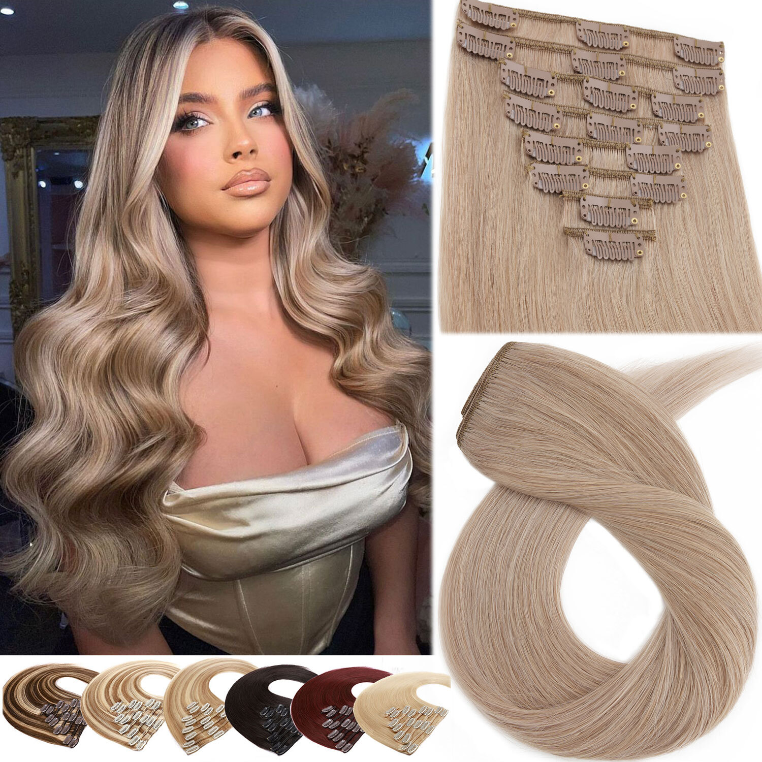 Champagne Blonde 100% Human Hair Clip in Remy Hair Extensions Full Head Seamless