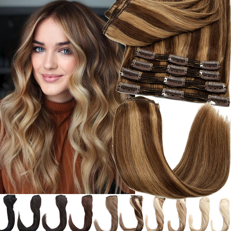 Double Weft Clip in Russian 8A Human Remy Hair Extensions Thick Full Head #Ombre