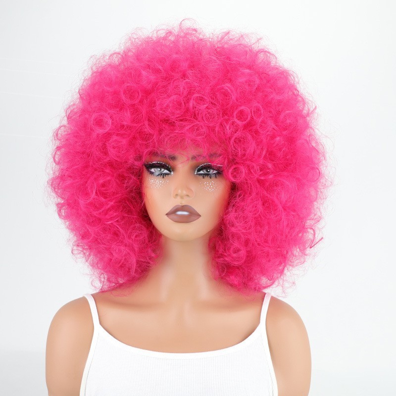 Pink Wig 70s Disco Short Afro Curly WigWig with Bangs Party Christmas Cosplay Wi