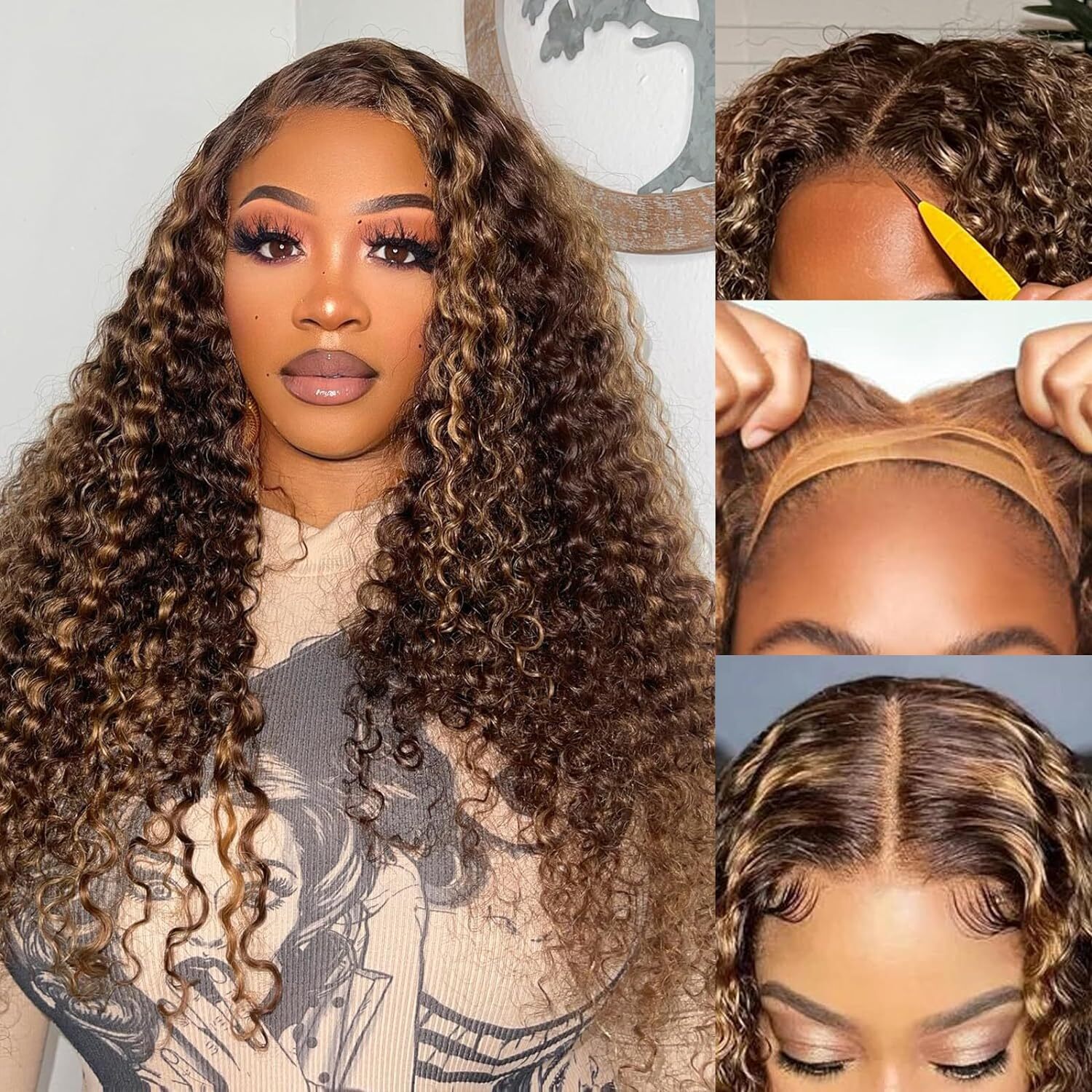 Cambodian Wear Go Highlight Blonde Curly Glueless Pre Cut HD Lace Wig Human Hair