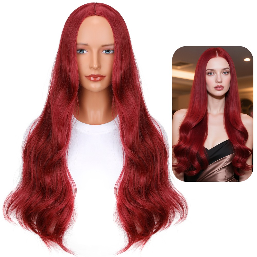Full Lace Wig with 26 Inches Long Curly Hair Burgundy Color Natural Body Waves