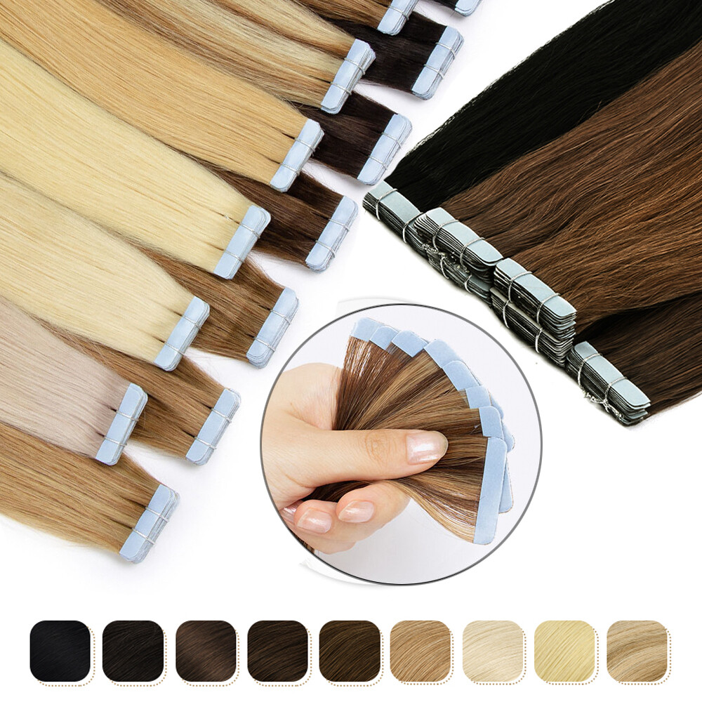 Double Sided Tape In Hair Extensions 100%Real Human Hair Skin Wefts Full Head40p