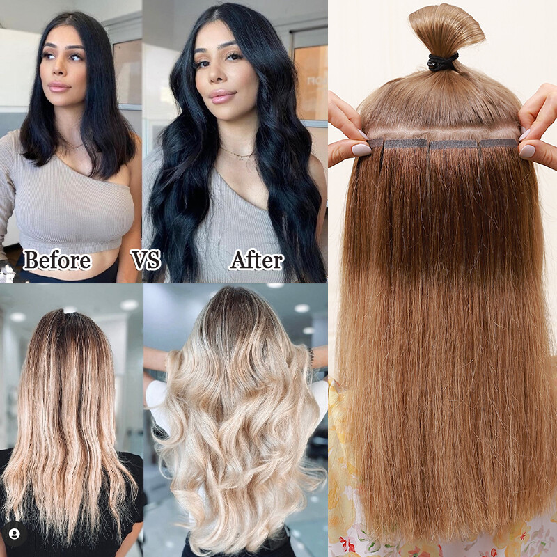 Tape in Hair Extensions Remy Human Hair Balayage 25G-200G Full Head Straight 22″