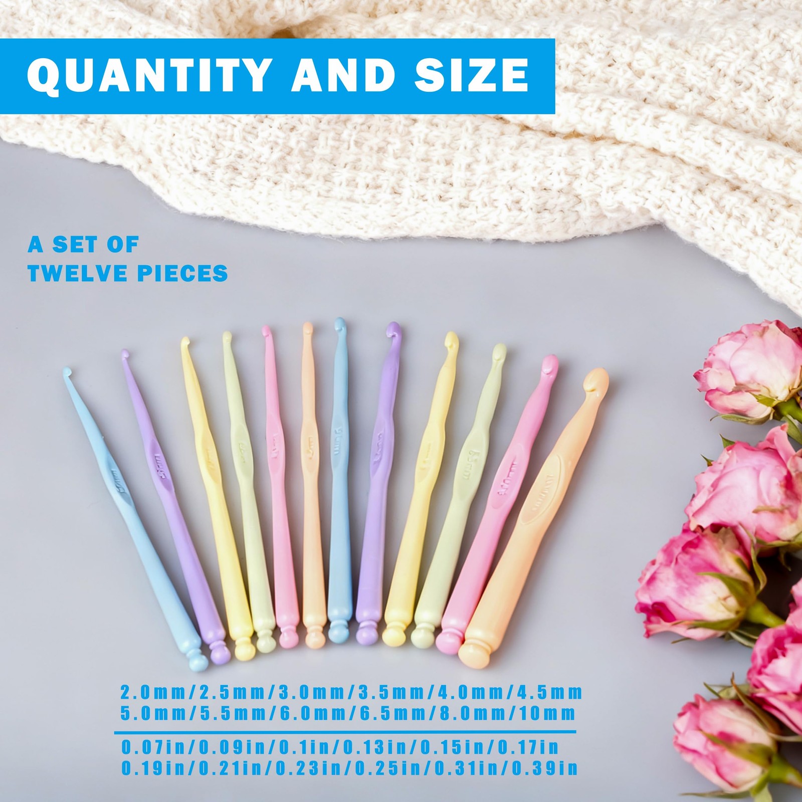 12 PCS Crochet Hooks Set, 2.0-10mm Ergonomic 1.0mm to 10.0mm, multicolor