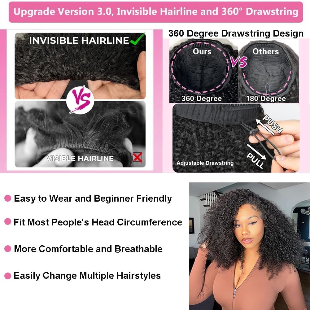 22″ Kinky Curly Half Wig – Glueless Human Hair, 3-in-1 Drawstring Headband Wig f