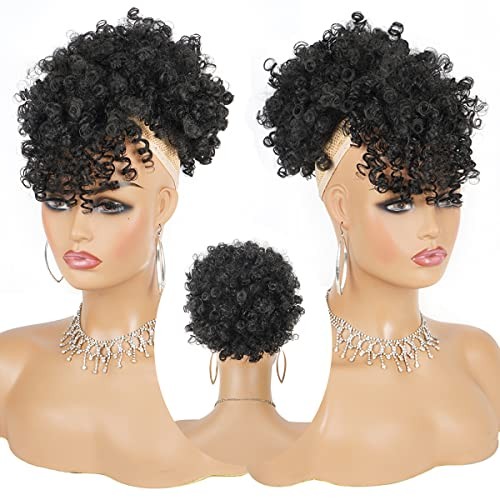 Afro Puff Drawstring Ponytail with Bangs for Black Women, Short 12 Inch 1B