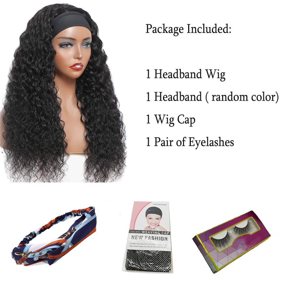 Headband Wig Human Hair Deep Wave 16 Inch Wigs for Black Women Glueless None Lac