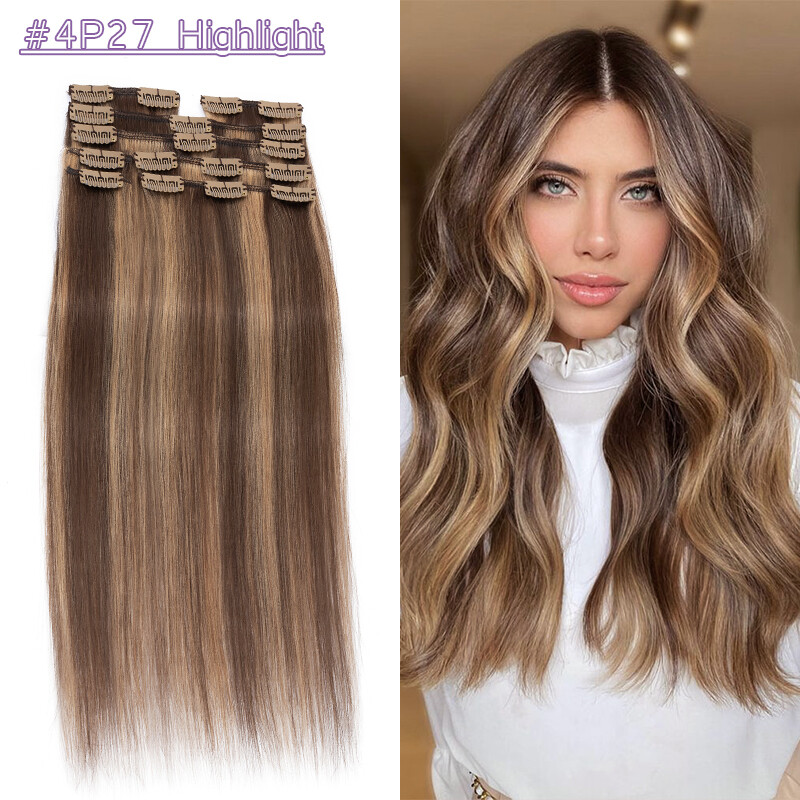 Clip In Remy 100% Real Human Hair Extensions Straight Long Full Head Highlights