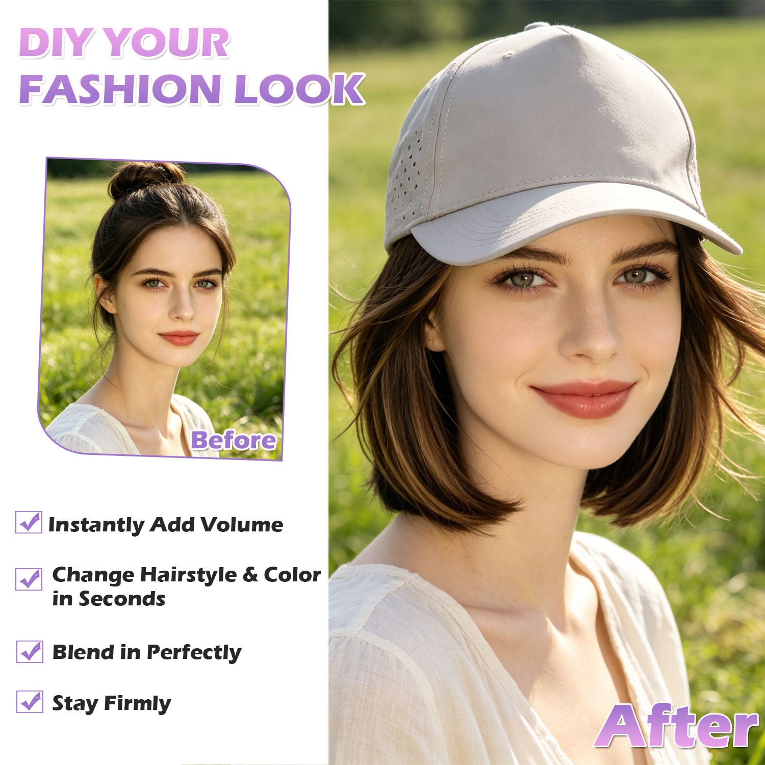 USA Women Baseball Cap with Synthetic Wig Straight Full Wigs Hat for Natural Use