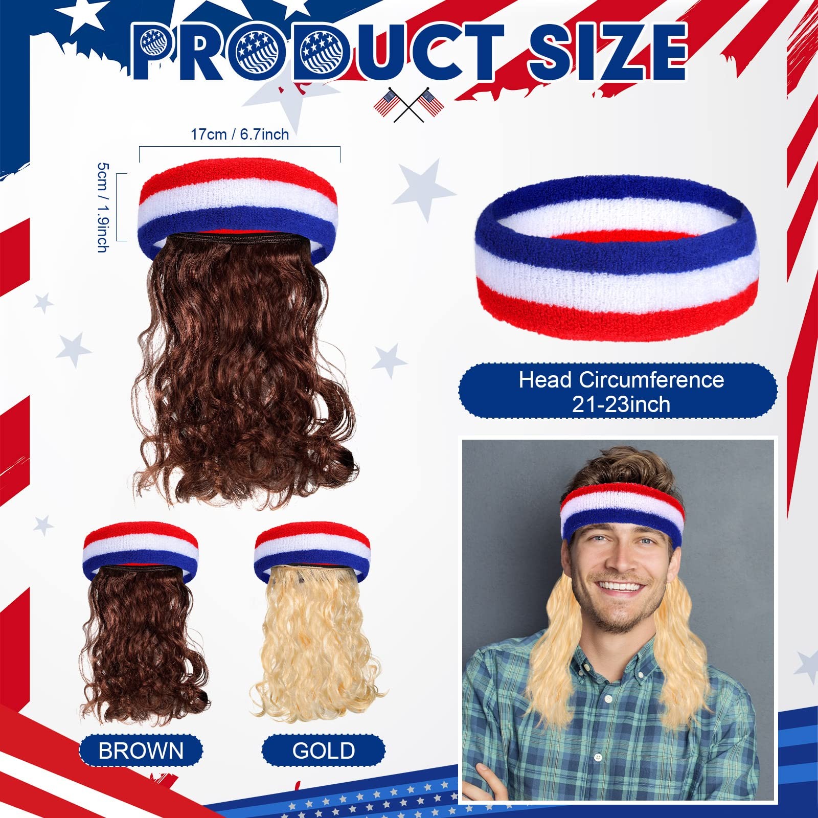 2 Pieces Mullet Wig USA Headband American Flag Style Sports Striped Sweatband…