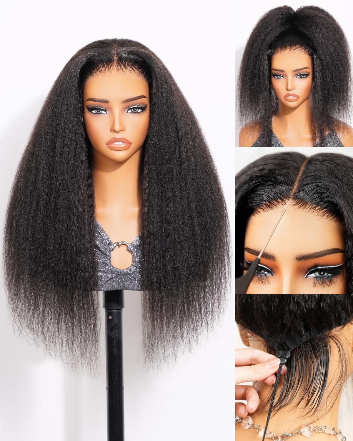 3-in-1 Half Wig Kinky Straight Glueless HD Lace Human Hair 24″ Yaki 210% Density