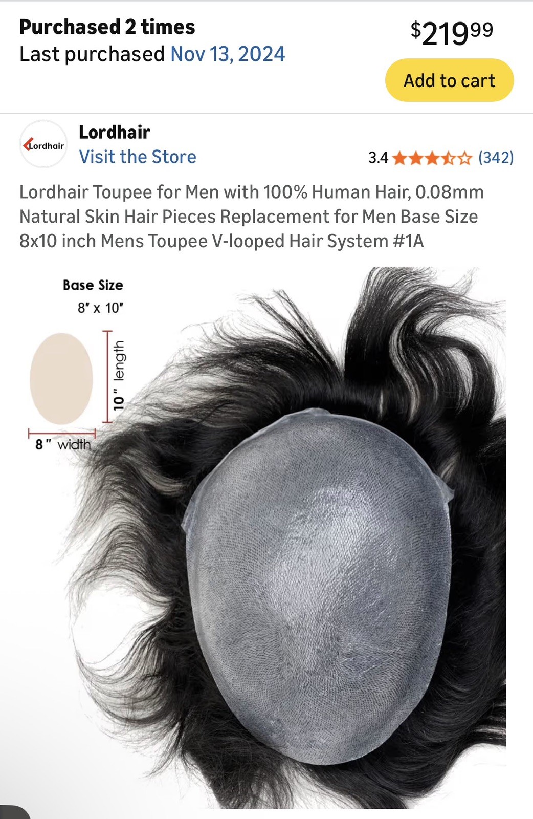 Lordhair Toupee, 100% Human Hair, 0.08 #1 Jet Black or #1B Natural Black