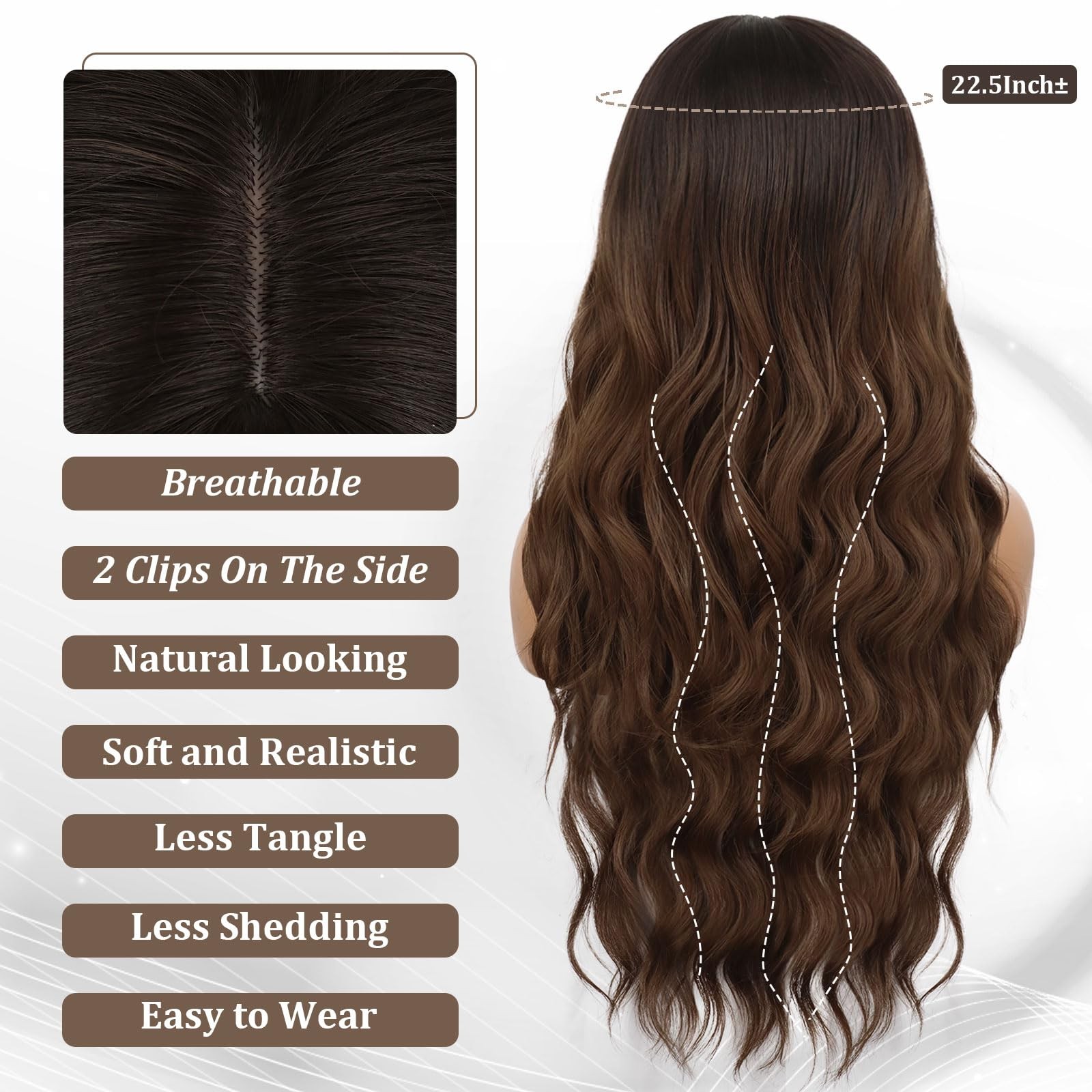 Ombre Brown Wig with Bangs Long Wavy Curly Wigs with Dark Root Women’s Synthe…