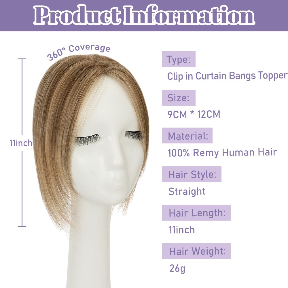 Clip in 100% Remy Human Hair Extensions Curtain Bang Hairpiece Lace Base Topper