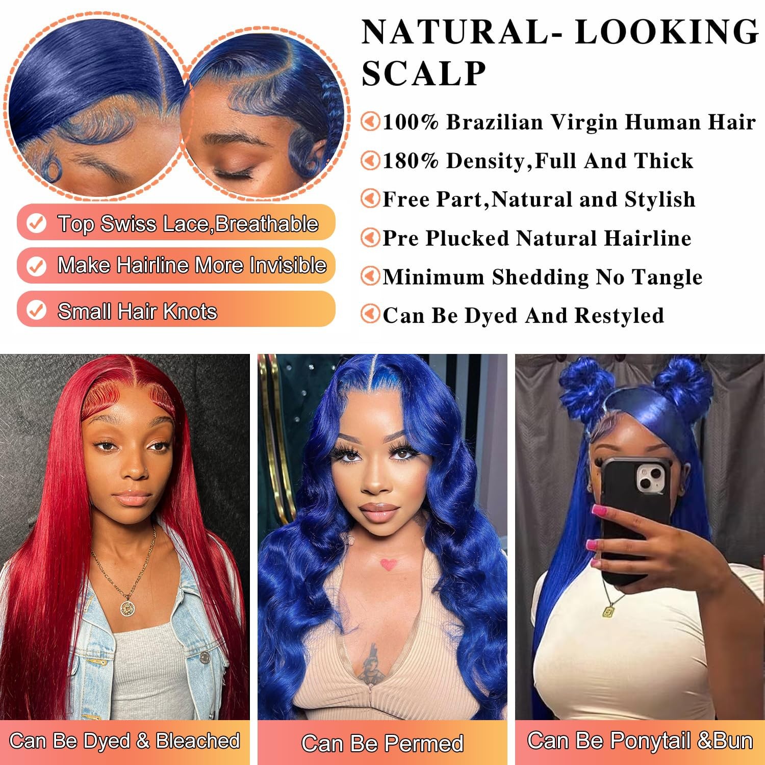 Amzhair 13X6 Dark Blue Lace Front Wigs Human Hair Straight Hd Transparent Royal