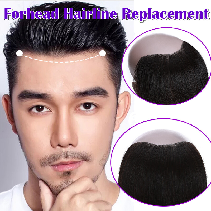 Mens Toupee Forehead Hairline 100% Real Human Hair Replacement Front Hairpiece