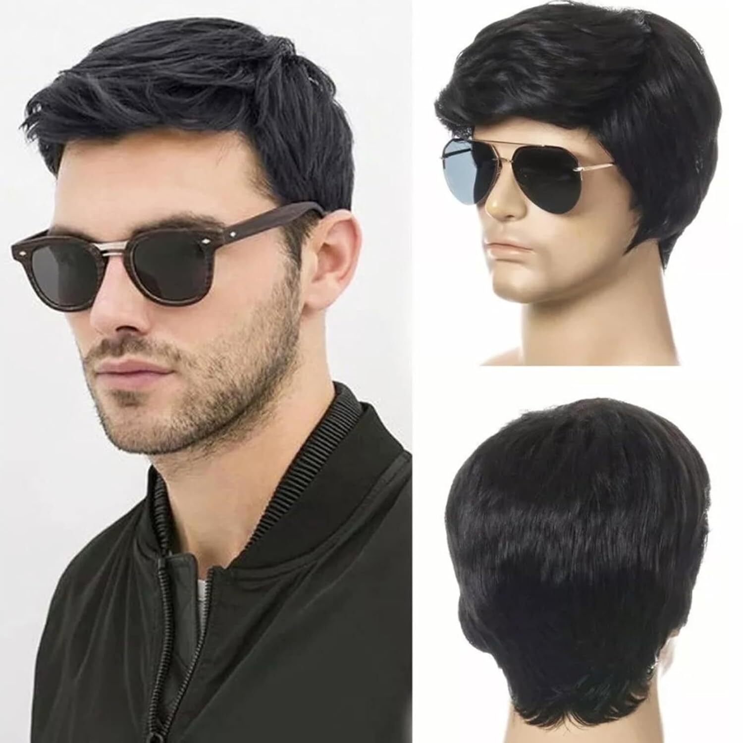 Men’s Black Men Wig Short Full Wigs Little Wavy Synthetic Straight Hair Daily US