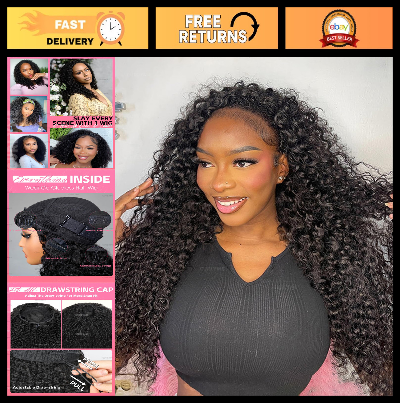 20 Inch Curly Half Wig Water Wave Human Hair – Glueless, Adjustable, Beginner Fr