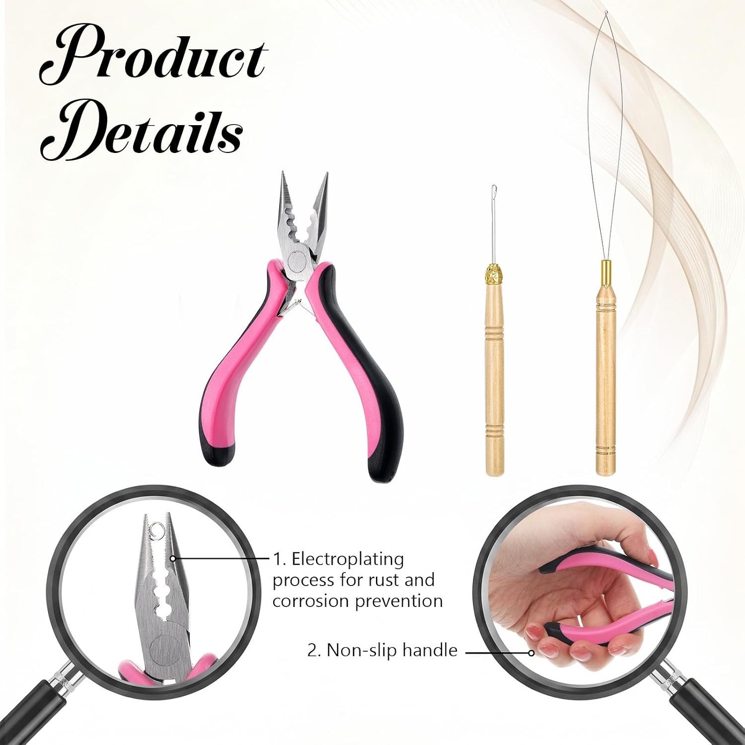 3 pcs Hair Extension Tools Kit, Microlinks Beads Tools Pliers Loop Needle