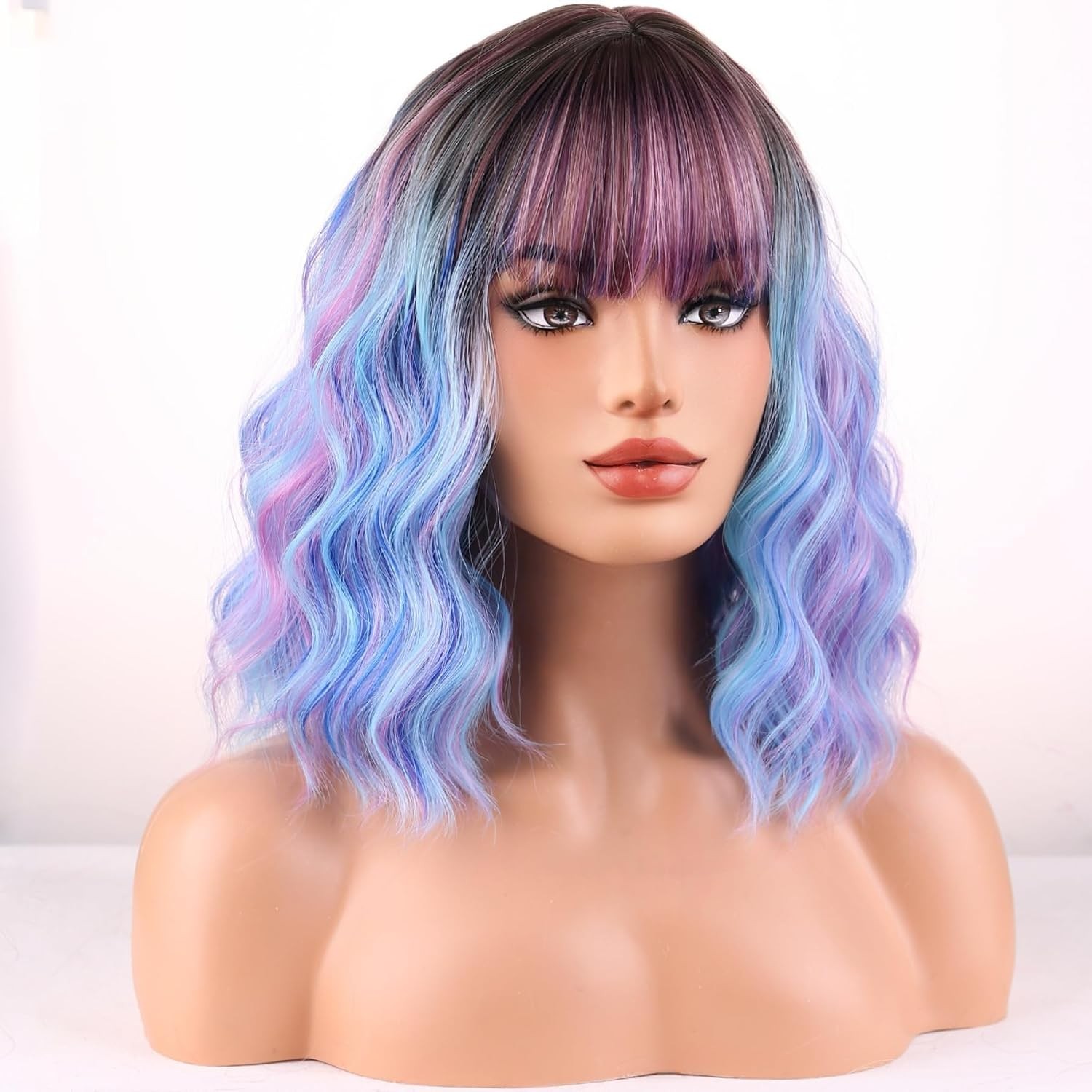 Rainbow Wigs for Women Girls Short Curly Wavy Colorful Wig Short Bob With Bangs