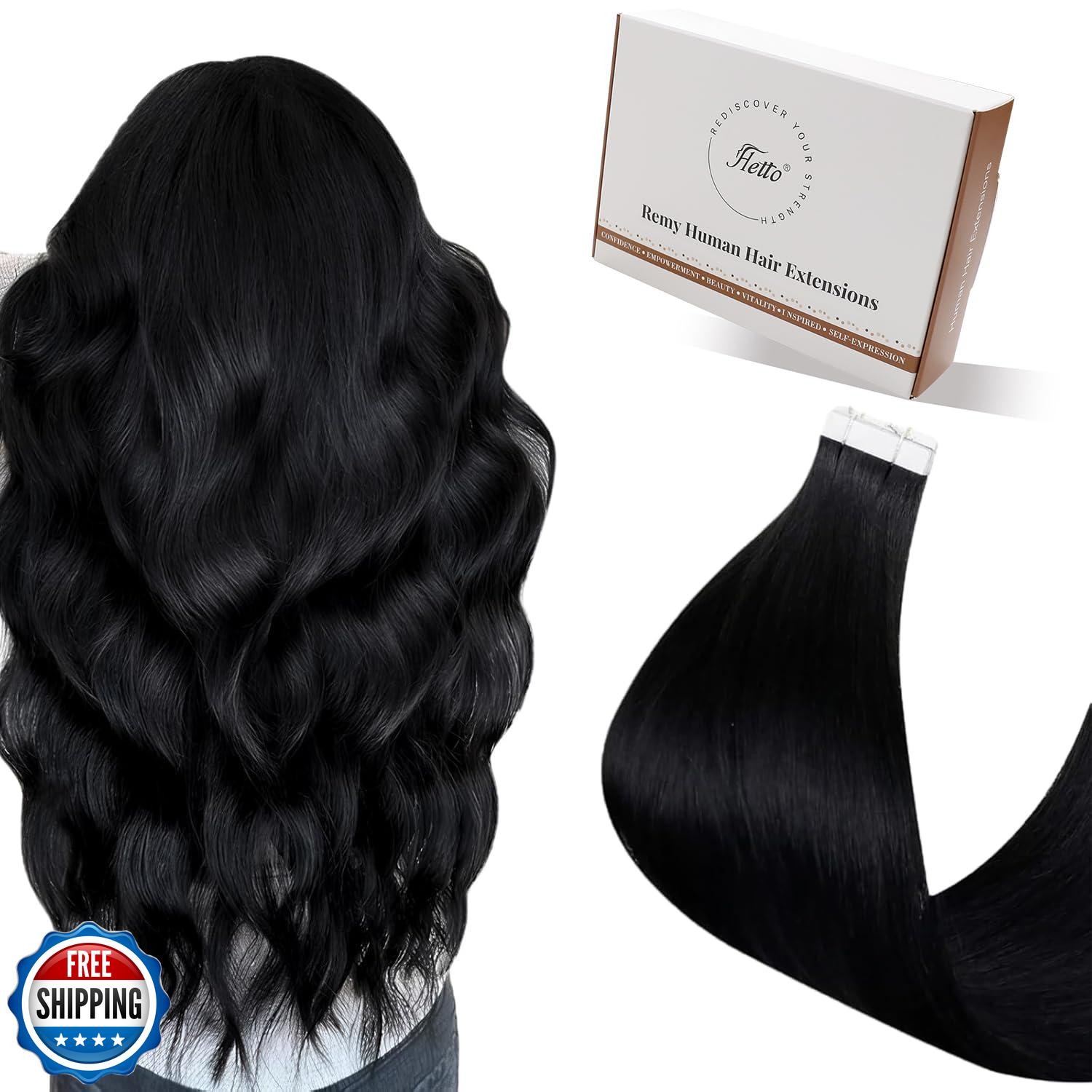 Hetto Tape in Hair Extensions Black Tape in Extensions Real Human Hair Jet Bl