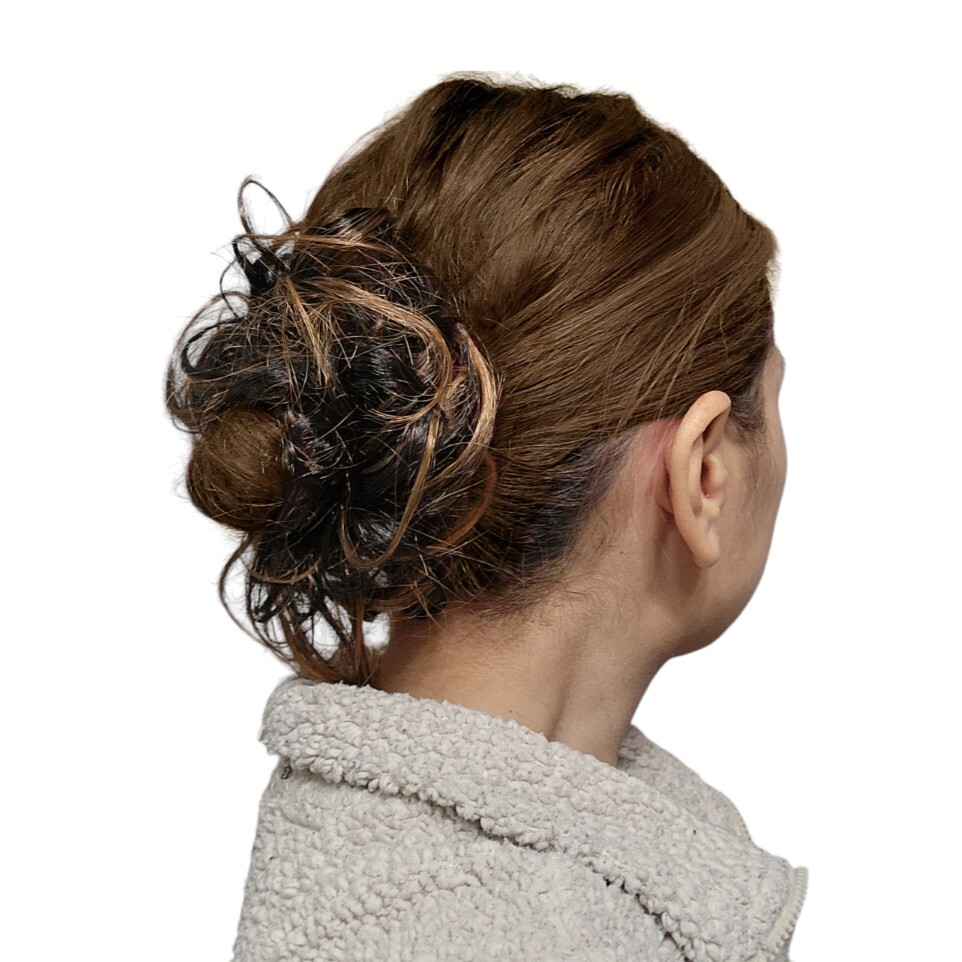Bridal Prom Hair Scrunchie Bun – Wavy Messy Hairpiece Black with Highlights