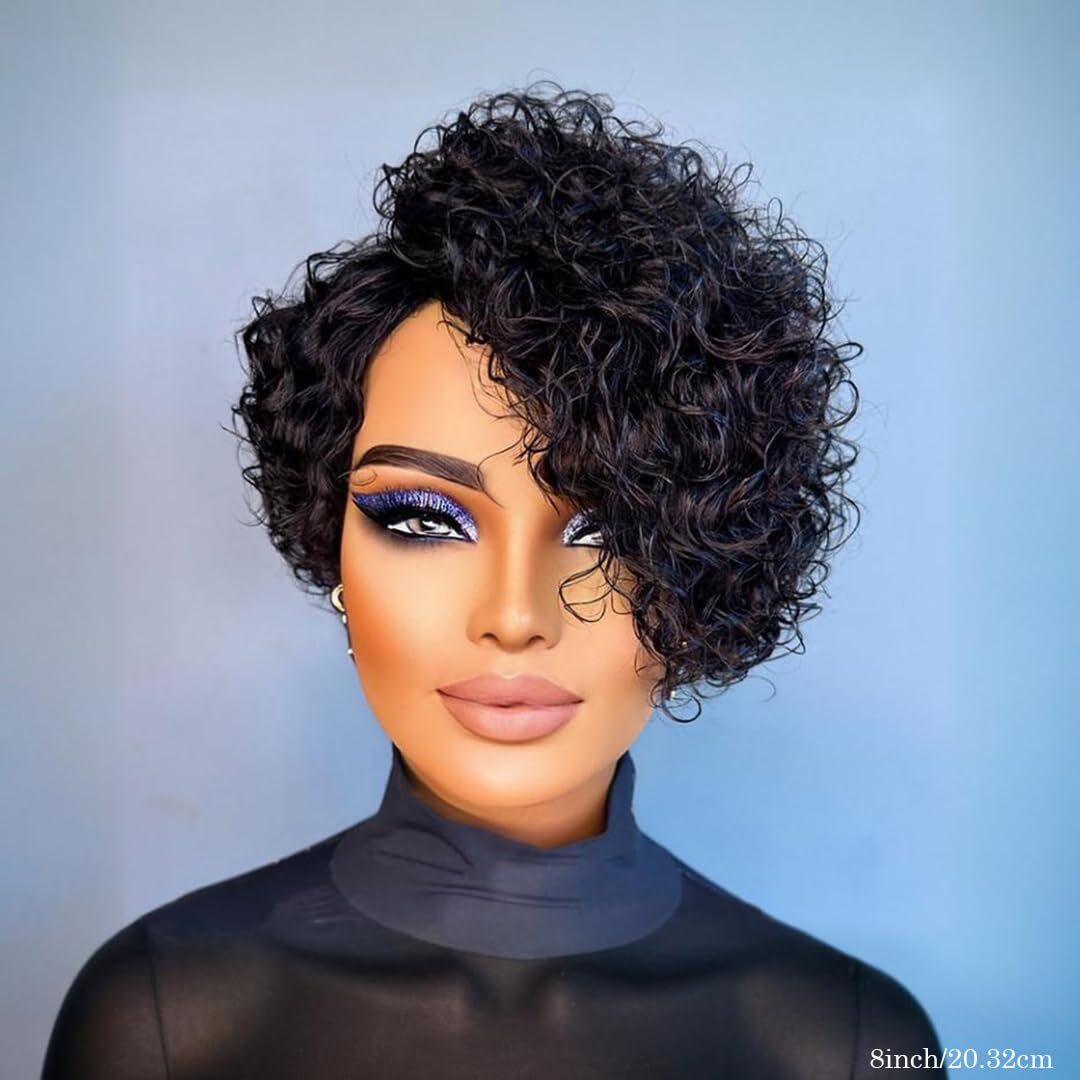 Kinky Curly Real Human Hair Wigs for Women Pixie Cut Wigs for Black Women 6inch