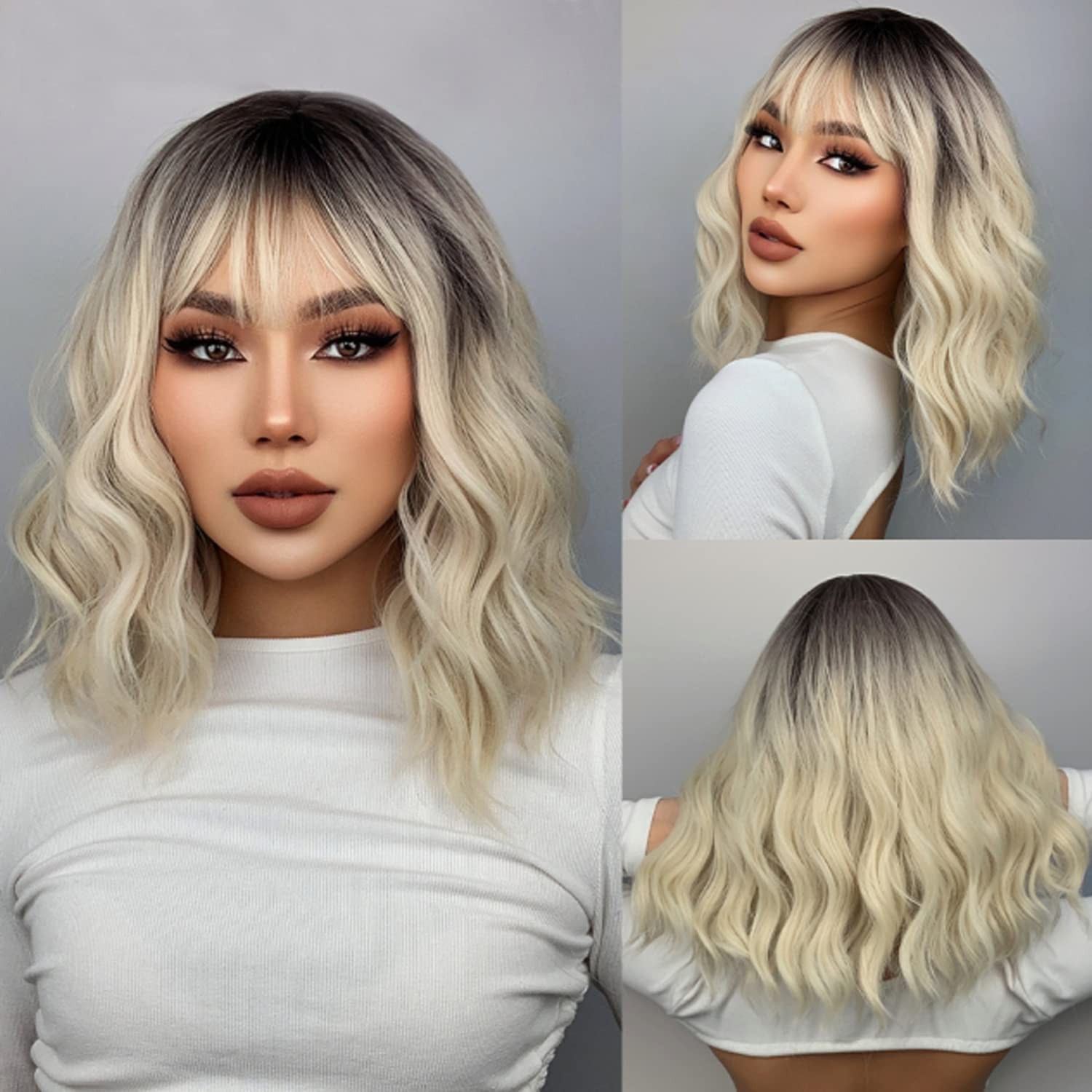 Platinum Blonde Wig Dark Roots 14 Inches Short Wavy Curly Wigs with Bangs Sho…