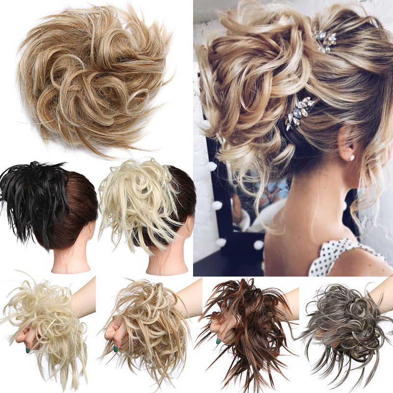 Tousled Updo Messy Ponytail Bun Elastic Band Wrap On Hair Piece Straight Wavy US
