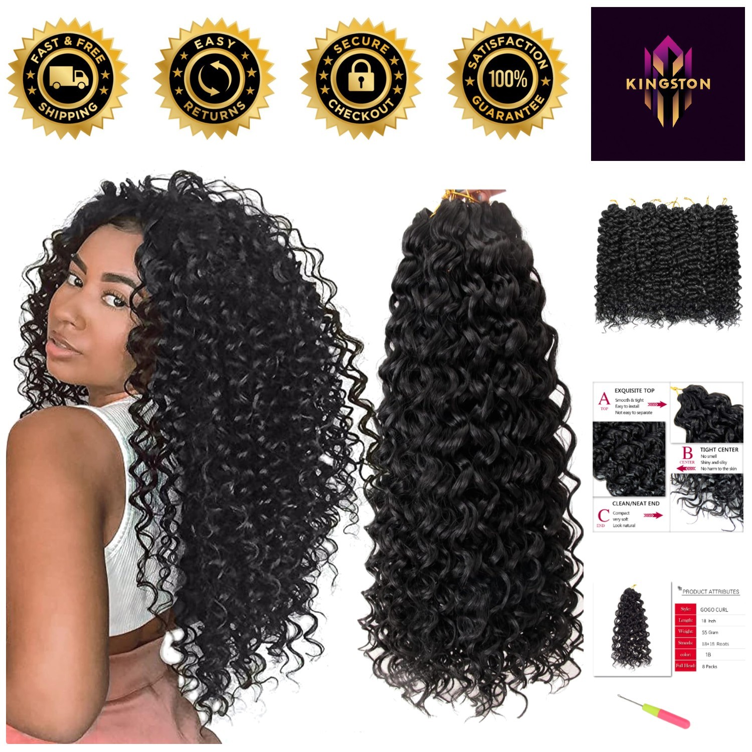 18-Inch Curly Crochet Hair – 8 Pack GoGo Curl Synthetic Extensions, Tangle-Free