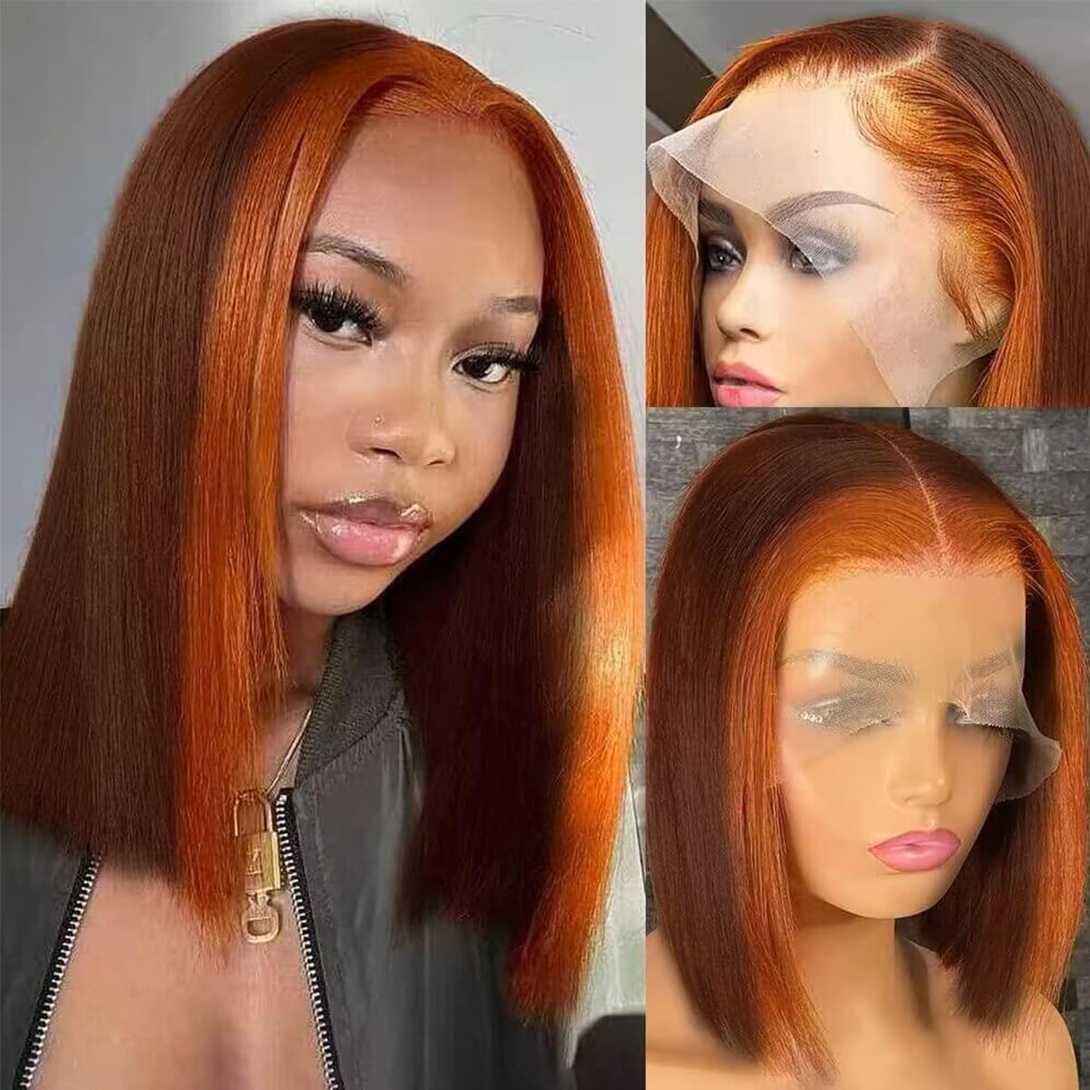 Goldfinch Ginger Highlight Short Bob Wigs Human Hair Ombre Skunk Stripe Brown