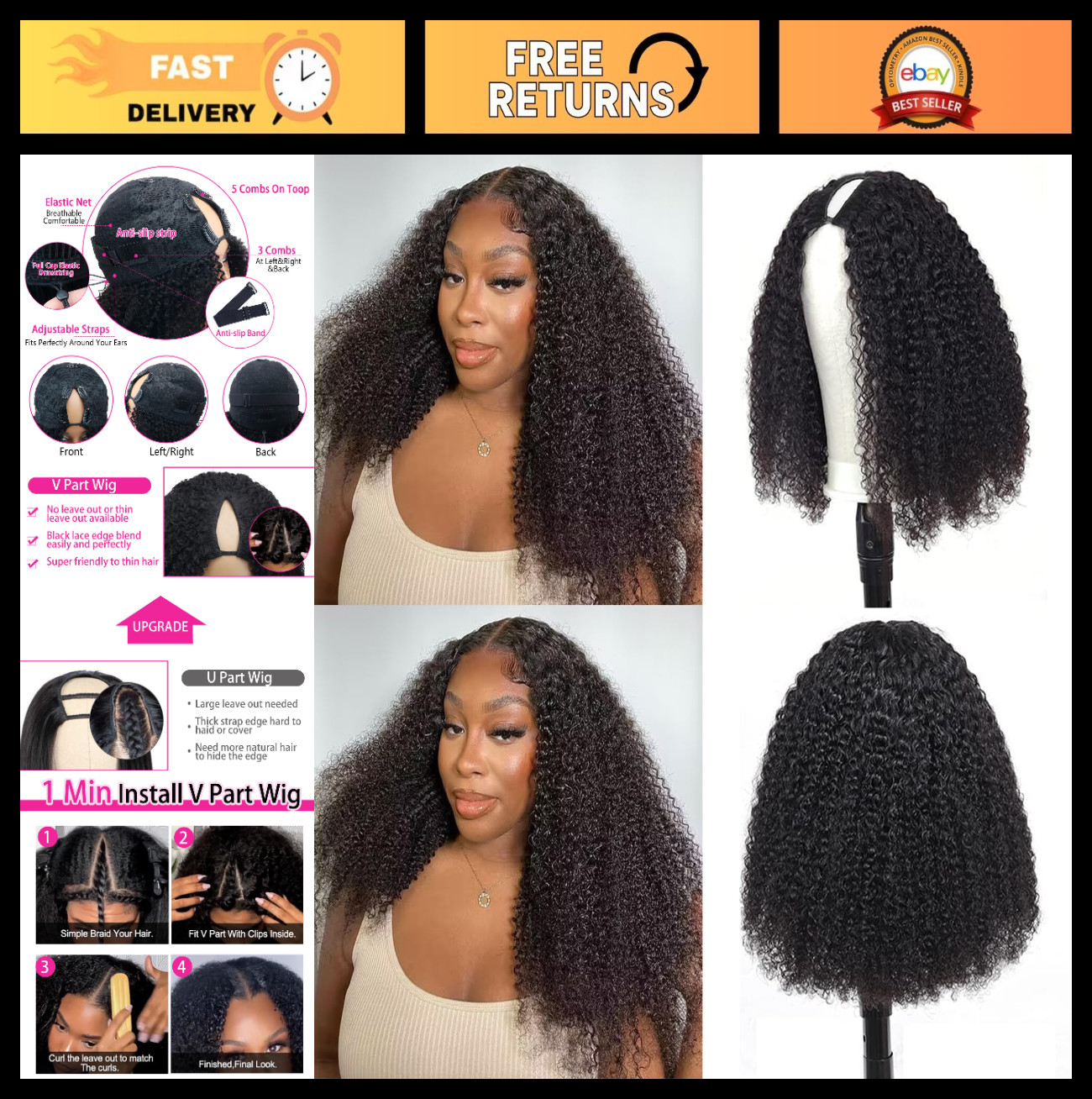 Kinky Curly V Part Human Hair Wig – 200% Density, Drawstring, Clip-In, 26″ Natur